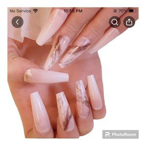 24 pc "Marble Streetz of Gold" Glossy Gold Marble Long Coffin press on Nails set